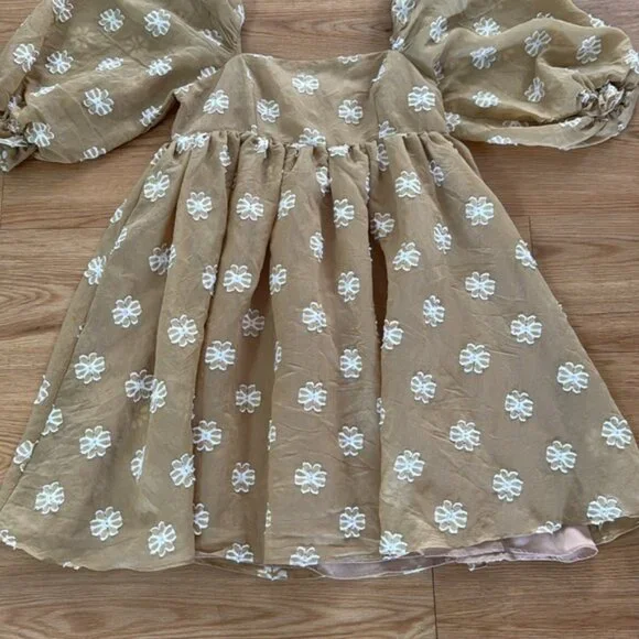 Storia Womens Puff Sleeve Amelia Mini Dress S Tan Floral Spring Babydoll Easter - Picture 5 of 8